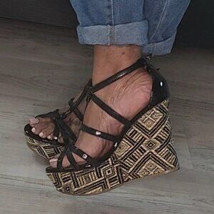 Rattan Black Platform Wedge Heels Size 8.5